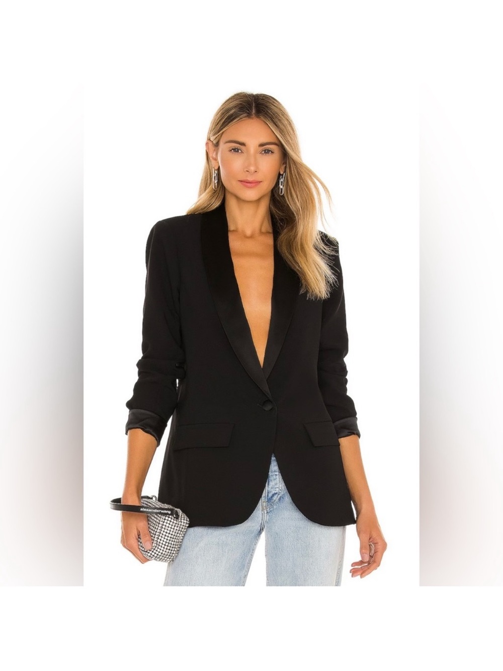 Amanda Uprichard Black Satin-Lapel One-Button Blazer
